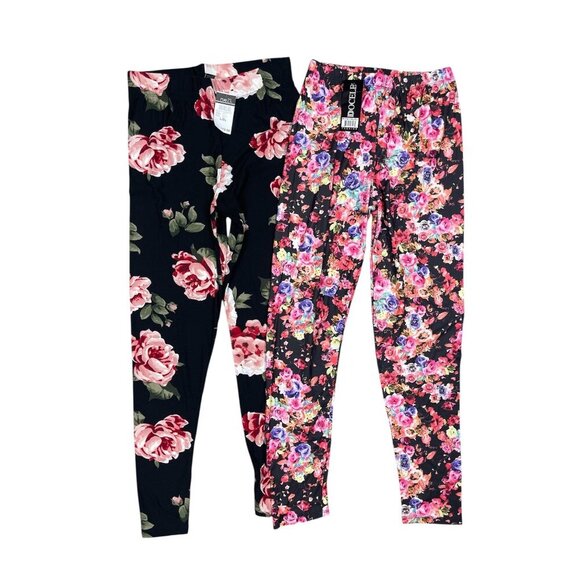 Set of 2 Floral Leggings L/XL Large XL NEW NWT Black Pink Rue21 Docele - Picture 1 of 5